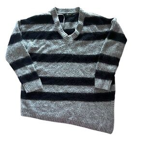 Angora Doe & Rae V-Neck Sweater in Gray and Black Stripes Asymmetrical Hem Tunic